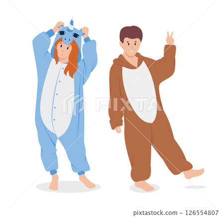 Cartoon Color Characters Couple in Pajamas Concept Flat Design Style. Vector illustration 126554807