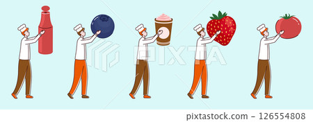 Cartoon Color Tiny Characters Boy Lifting Food Products Concept Flat Design Style. Vector illustration of Person and Ingredients 126554808