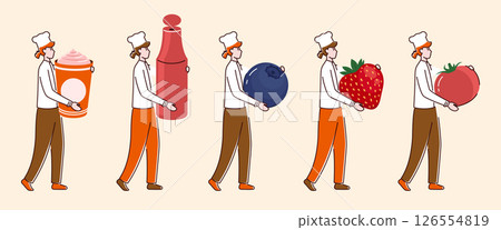 Cartoon Color Tiny Characters Girl Holding Food Products Concept Flat Design Style. Vector illustration of Person and Ingredients 126554819