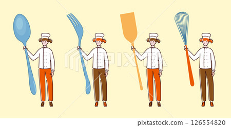 Cartoon Color Tiny Characters Girl Holding Kitchen Appliances Concept Flat Design Style. Vector illustration 126554820