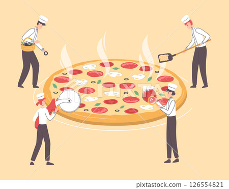 Cartoon Color Tiny Characters People and Pepperoni Pizza Concept Flat Design Style. Vector illustration of Tasty Italian Fast Food 126554821