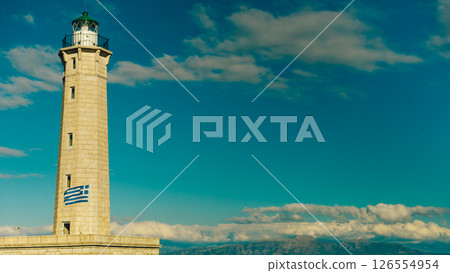 Lighthouse near Gythio against blue sky 126554954
