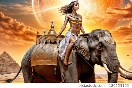Beautiful and warlike Egyptian queen riding a royal elephant 126555193