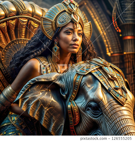 Beautiful and warlike Egyptian queen riding a royal elephant 126555205
