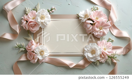 Wedding message card background decorated with pink and white flower ribbon 126555249