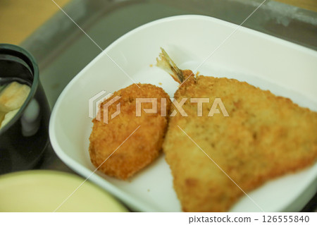 Low-calorie, low-sodium hospital food (fried horse mackerel, croquettes, miso soup) Low-calorie, low-sodium hospital food (fried horse mackerel, croquettes, miso soup) 126555840