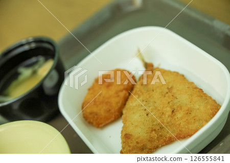 Low-calorie, low-sodium hospital food (fried horse mackerel, croquettes, miso soup) 126555841