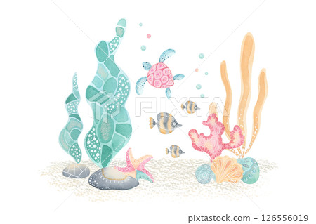 Ocean life watercolor illustration. Cartoon style. Hand-drawn sandy seabed with seaweed, seashells, fish and turtle. Perfect for marine greeting cards, stationary covers design, kids decor Ocean life watercolor illustration. Cartoon style. Hand-drawn sandy seabed with seaweed, seashells, fish and turtle. Perfect for marine greeting cards, stationary covers design, kids decor 126556019