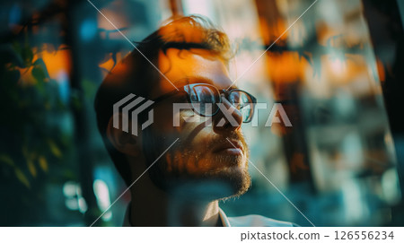 Man with glasses in dappled sunlight. 126556234