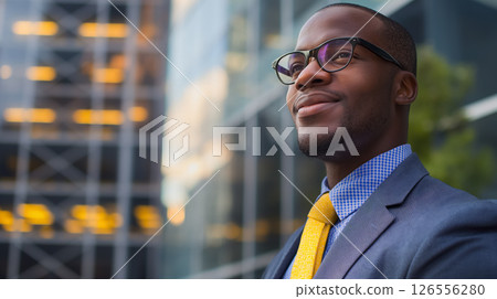 Businessman smiling, urban skyline backdrop. 126556280