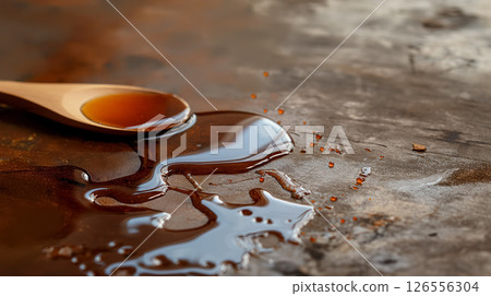 Honey drizzle from spoon on rustic wood. 126556304