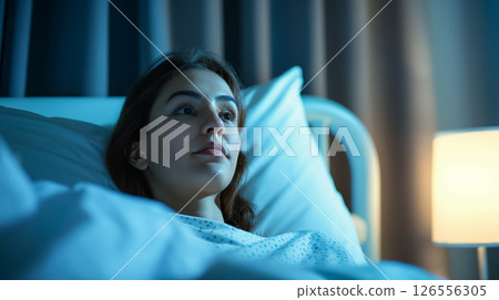 Woman lying in bed, thoughtful in lamplight. 126556305