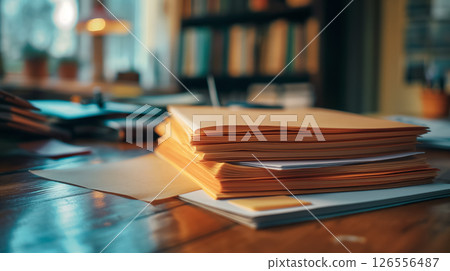 Stacked papers on a warm-lit desk. 126556487