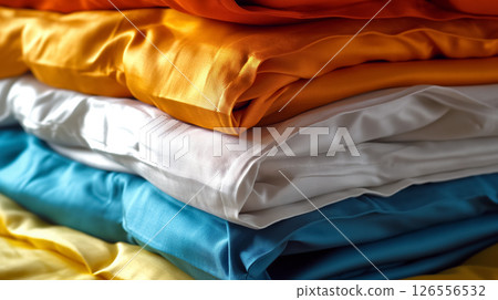 Stacked colorful fabric swatches. 126556532