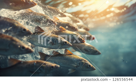 School of fish swimming in sunlight. 126556544