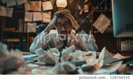 Stressed man overwhelmed with paperwork. 126556545