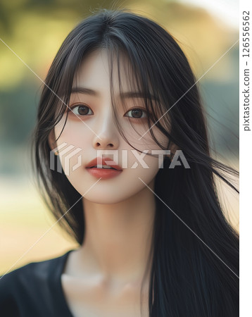 Korean young woman with long hair enjoying a sunny day outdoors in a city park while autumn leaves gently sway in the breeze 126556562