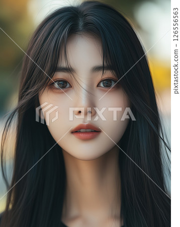 Portrait of a young Korean woman outdoors during a sunny day, showcasing natural beauty in a serene setting 126556563