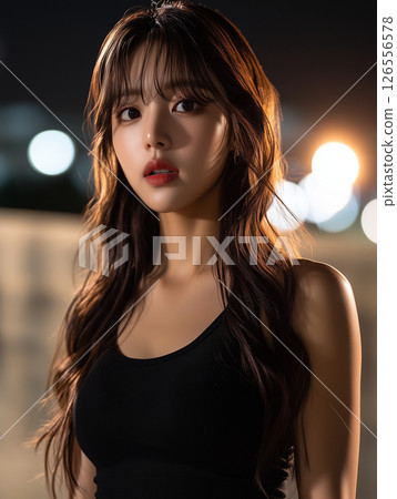 Young Korean woman poses confidently at night with urban lights in the background showcasing a stylish look 126556578
