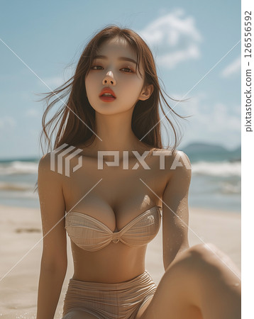 Portrait of a young woman relaxing on the beach during a sunny day, enjoying the warmth and tranquility of the ocean landscape 126556592