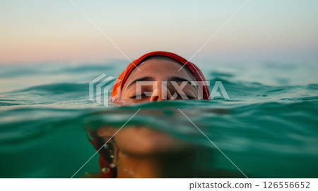 Swimmer with red cap at water's surface. 126556652
