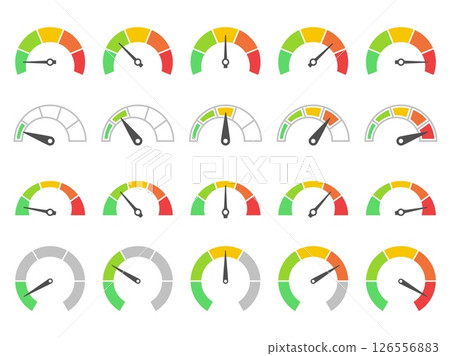 Speedometer gauge meter. Color dashboard gauge indicators of risk levels, range. UI analytics, credit score and speedometer, status tracking infographic chart. Vector set 126556883
