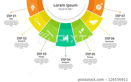 Semicircular pie chart. Round business chart with 7 steps process options, startup workflow. Circular diagram with color segments vector roadmap infographic for planning Semicircular pie chart. Round business chart with 7 steps process options, startup workflow. Circular diagram with color segments vector roadmap infographic for planning 126556911