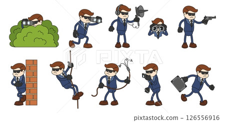 Cartoon secret agent character. Spy with gun, camera and case. Comic secret agent wearing suit spying, escaping and climbing, eavesdropping. Secret missions vector scenes 126556916