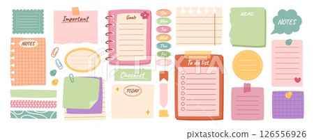Daily planner elements. Notepad sheets, paper tag with day of week, washi tapes and memo stickers, to do list. Personal organizer, information and mood board vector set 126556926
