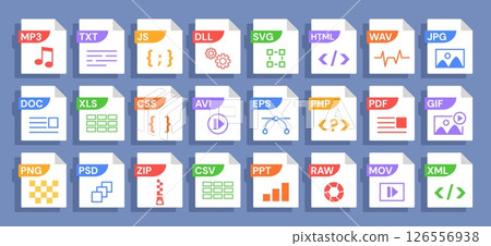 File format icons with various format labels PDF, JPG and MP3, HTML and ZIP, PHP and SVG, EPS and PSD, PNG. Symbols for file types with document extension. Vector set File format icons with various format labels PDF, JPG and MP3, HTML and ZIP, PHP and SVG, EPS and PSD, PNG. Symbols for file types with document extension. Vector set 126556938