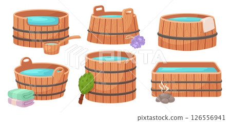 Wooden bath. Cartoon wood tubs with hot water, barrel for traditional sauna, banya or Japanese onsen with stones, towel and washcloth, bath broom and ladle. Vector set 126556941