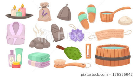 Cartoon sauna elements. Bathroom and spa self care items. Stones, towel and brush, bath broom and bathrobe, candles and thermometer, wooden tub and washcloth. Vector set 126556942