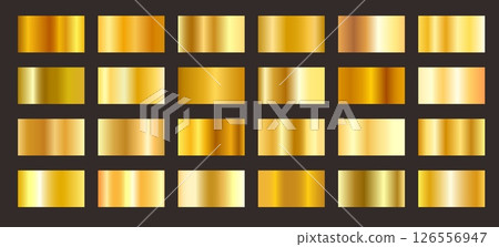 Golden gradients. Gold metallic shiny gradient effect, yellow metal frames. Gold or bronze foil texture for glossy banners and premium labels. Vector luxury set 126556947