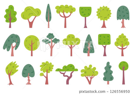 Simple tree. Forest, garden and park cartoon trees with leafy crowns, stylized trunks. Green woodland cute plant silhouettes for landscape scene. Vector isolated set Simple tree. Forest, garden and park cartoon trees with leafy crowns, stylized trunks. Green woodland cute plant silhouettes for landscape scene. Vector isolated set 126556950
