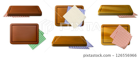 Realistic pizza board with napkins. Wooden rectangular cutting and chopping boards and plaid tablecloth. 3d wood tray and table cloth with gingham pattern. Vector set 126556966