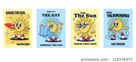 Retro cartoon sun posters. Summer wall art templates, groovy motivational prints with vintage funny sun character mascot and positive quotes vector set 126556973
