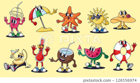 Retro cartoon summer characters. Groovy beach mascots, funny sun, cocktail, umbrella, starfish, hat, thermometer, coconut, watermelon, lifebuoy vintage 30s animation style vector illustration set 126556974