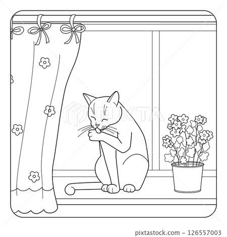 Cute line art illustration of cat sitting on windowsill and licking its paw. Coloring page for kids and adults. Black and white vector with curtain potted flower and window. Cute line art illustration of cat sitting on windowsill and licking its paw. Coloring page for kids and adults. Black and white vector with curtain potted flower and window. 126557003