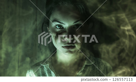 Intense girl's face illuminated in darkness. 126557113