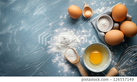 Ingredients for baking on a textured blue surface. Ingredients for baking on a textured blue surface. 126557149