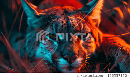 Intense lynx gaze in red-toned wilderness setting. 126557150