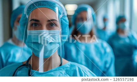 Healthcare workers in blue scrubs. 126557198