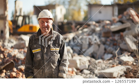Worker smiling at a construction site. 126557199