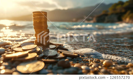 Coins stacked on a pebbly beach at sunset. 126557270