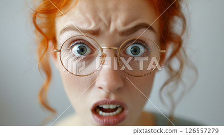 Surprised redhead woman with round glasses. 126557279
