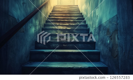 Dimly lit staircase leading to bright exit. Dimly lit staircase leading to bright exit. 126557283