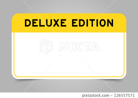 Label banner that have yellow headline with word deluxe edition and white copy space, on gray background Label banner that have yellow headline with word deluxe edition and white copy space, on gray background 126557571