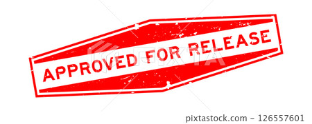 Grunge red approved for release word hexagon seal stamp on white background 126557601
