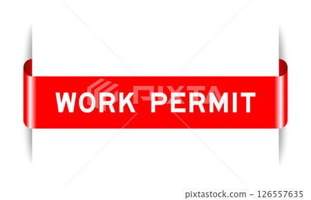 Red color inserted label banner with word work permit on white background 126557635