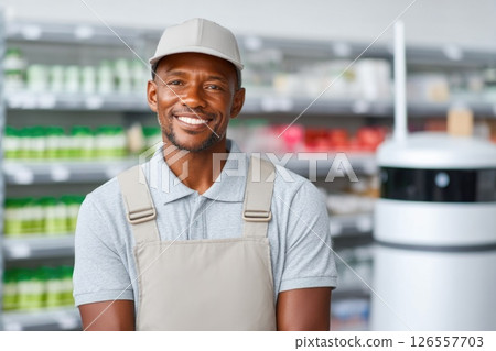 Friendly Store Worker Smiling with Retail Robot Friendly Store Worker Smiling with Retail Robot 126557703
